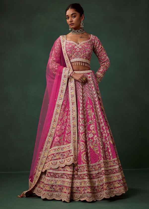 Rani Pink Printed Kali Bridal Lehenga Set with Cutdana and Zari Work