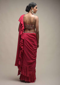 Rani Pink Ready Pleated Ruffle Saree Paired With A Spring Blossoms Embroidered Crop Top Online - Kalki Fashion