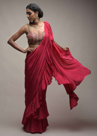 Rani Pink Ready Pleated Ruffle Saree Paired With A Spring Blossoms Embroidered Crop Top Online - Kalki Fashion