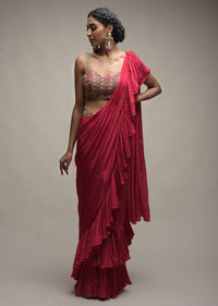 Rani Pink Ready Pleated Ruffle Saree Paired With A Spring Blossoms Embroidered Crop Top Online - Kalki Fashion