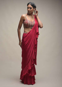 Rani Pink Ready Pleated Ruffle Saree Paired With A Spring Blossoms Embroidered Crop Top Online - Kalki Fashion