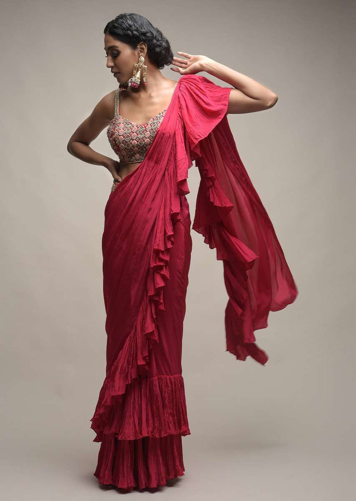 Rani Pink Ready Pleated Ruffle Saree Paired With A Spring Blossoms Embroidered Crop Top Online - Kalki Fashion