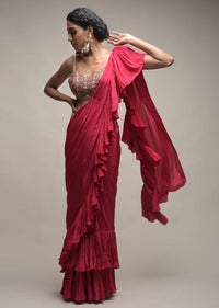 Rani Pink Ready Pleated Ruffle Saree Paired With A Spring Blossoms Embroidered Crop Top Online - Kalki Fashion