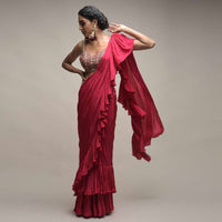 Rani Pink Ready Pleated Ruffle Saree Paired With A Spring Blossoms Embroidered Crop Top Online - Kalki Fashion