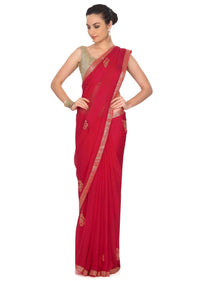 Red Saree With Kundan Embroidered Buttis Online - Kalki Fashion