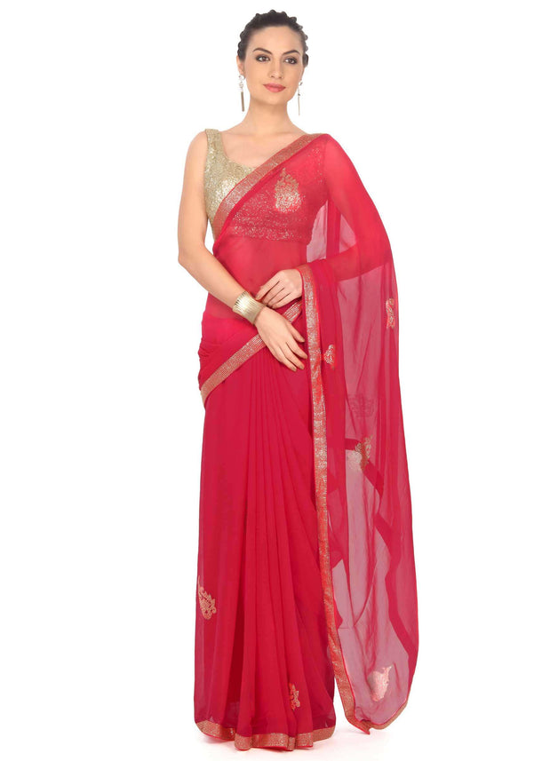 Red Saree With Kundan Embroidered Buttis Online - Kalki Fashion