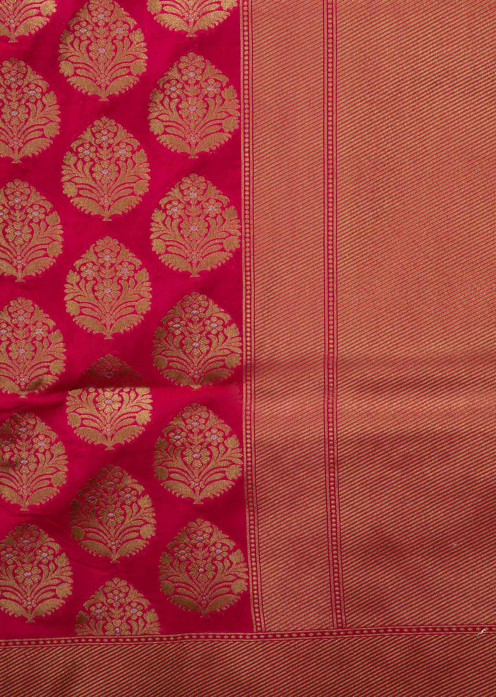 Rani pink saree in chanderi silk with zari weaved butti and brocade pallav