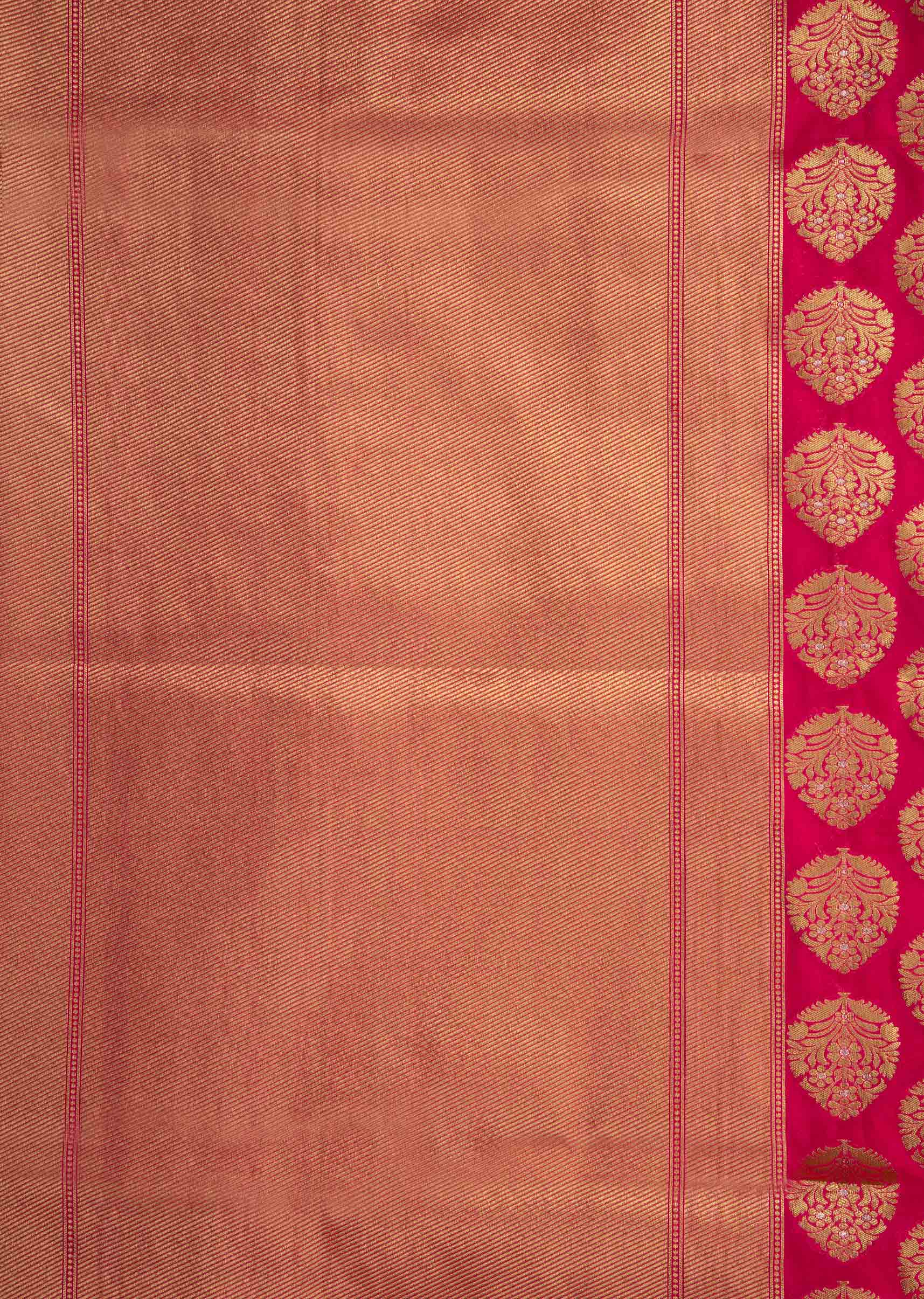 Rani pink saree in chanderi silk with zari weaved butti and brocade pallav