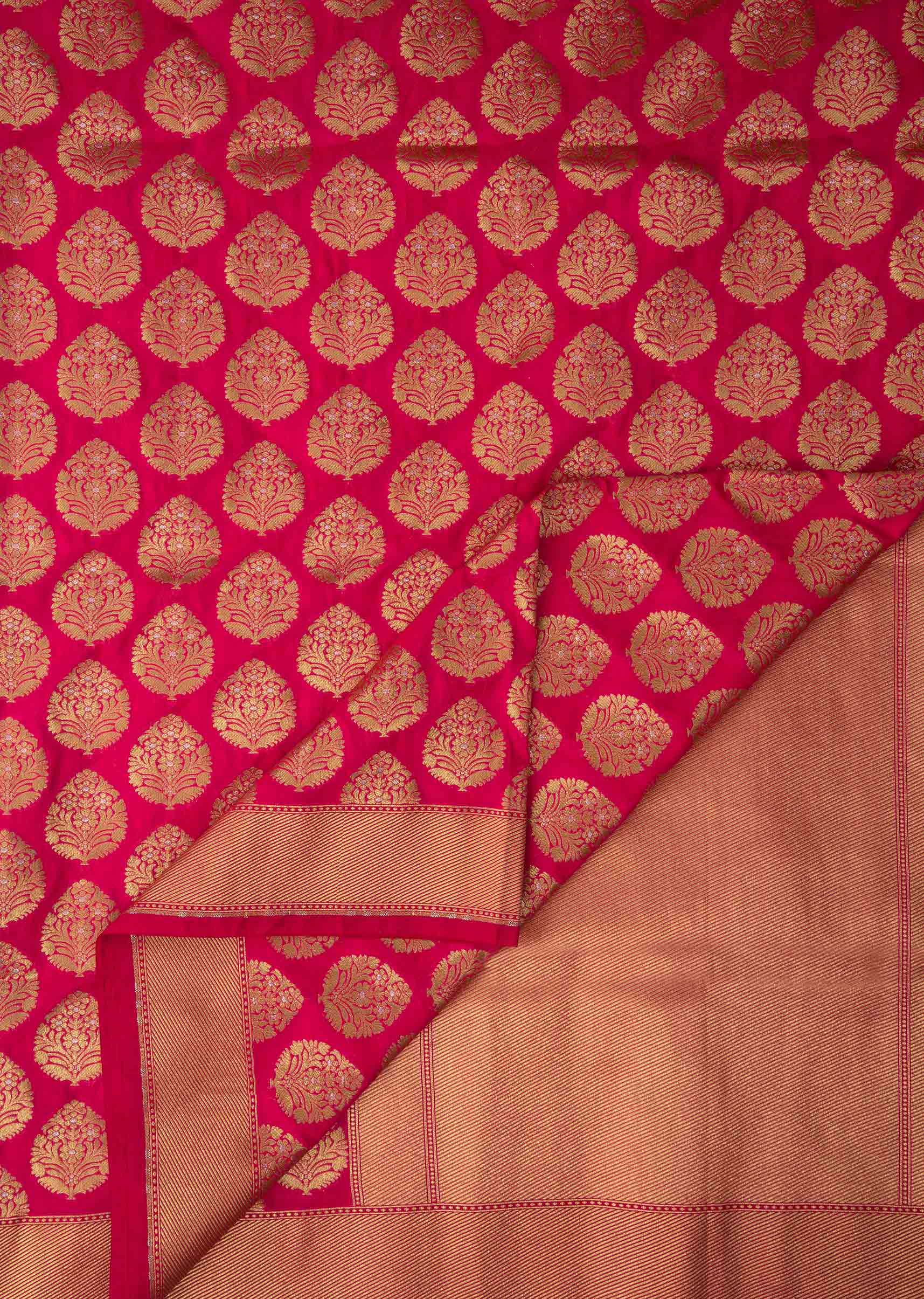 Rani pink saree in chanderi silk with zari weaved butti and brocade pallav