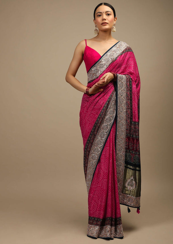 Rani Pink Saree In Satin With Bandhani All Over And Block Printed Brocade Pallu With Gotta Patti Embroidered Ethnic Motifs Online - Kalki Fashion