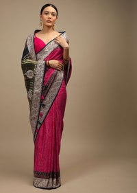 Rani Pink Saree In Satin With Bandhani All Over And Block Printed Brocade Pallu With Gotta Patti Embroidered Ethnic Motifs Online - Kalki Fashion