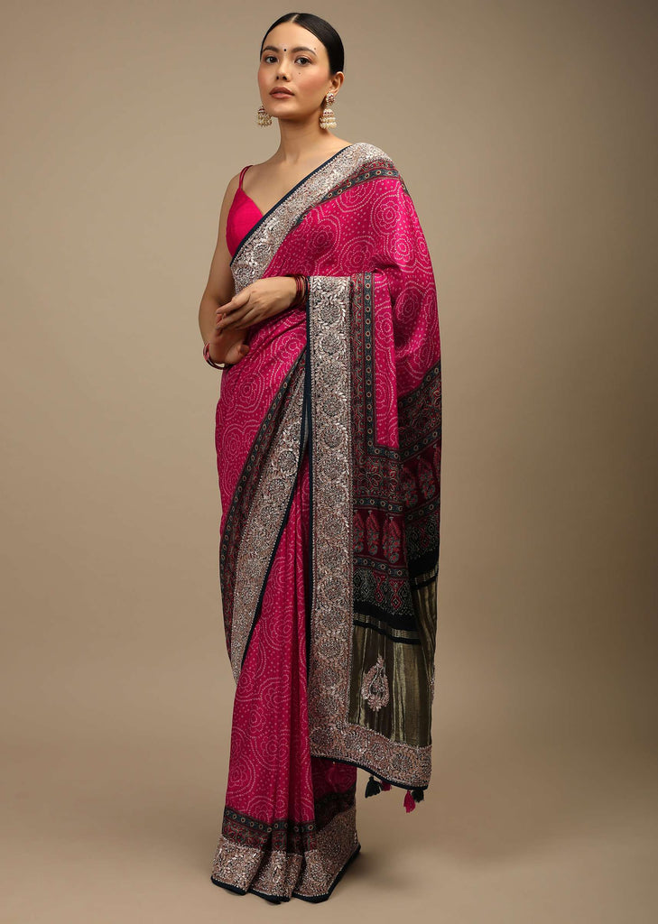 Rani Pink Saree In Satin With Bandhani All Over And Block Printed Brocade Pallu With Gotta Patti Embroidered Ethnic Motifs Online - Kalki Fashion