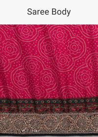 Rani Pink Saree In Satin With Bandhani All Over And Block Printed Brocade Pallu With Gotta Patti Embroidered Ethnic Motifs Online - Kalki Fashion