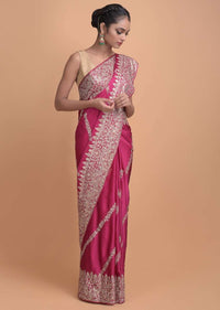 Rani Pink Saree In Satin With Zari And Sequins In Floral And Zig Zag Pattern On The Border Online - Kalki Fashion