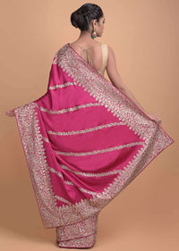 Rani Pink Saree In Satin With Zari And Sequins In Floral And Zig Zag Pattern On The Border Online - Kalki Fashion