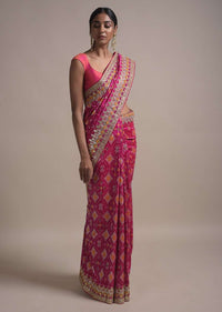 Rani Pink Saree In Silk With Ikkat Weaved Patola Pattern All Over And Gotta Embroidered Border Online - Kalki Fashion