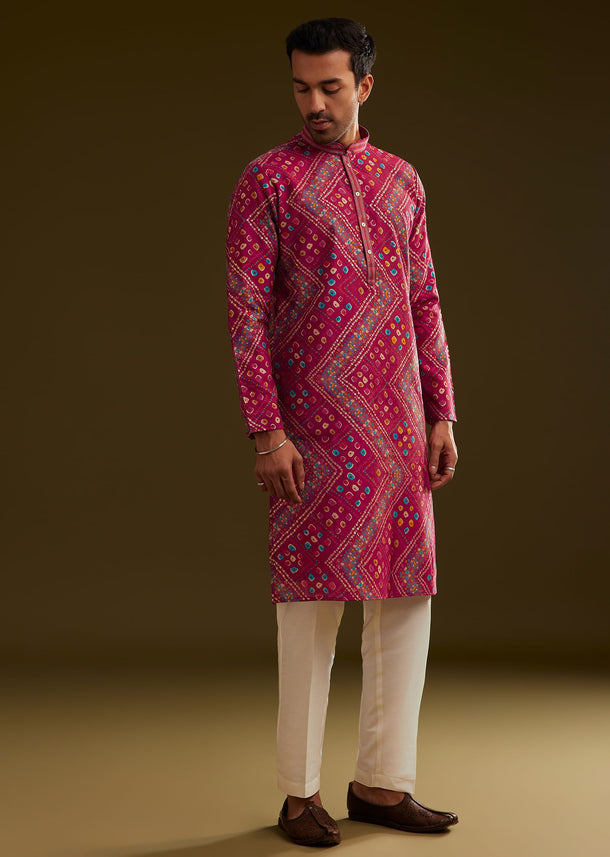 Rani Pink Silk Bandhani Printed Kurta Set