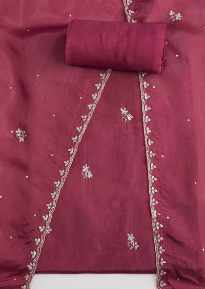Rani Pink Silk Embroidered Unstitched Suit Set With Dupatta