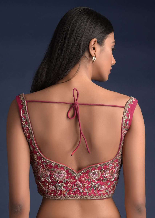 Rani Pink Sleeveless Blouse In Raw Silk With Floral Jaal Embroidery