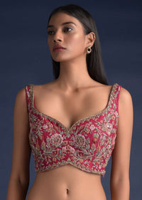 Rani Pink Sleeveless Blouse In Raw Silk With Floral Jaal Embroidery