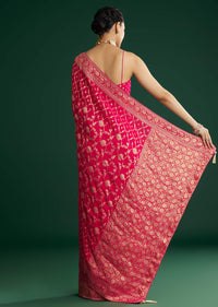 Rani Pink Woven Saree With Jaal Work And Floral Border