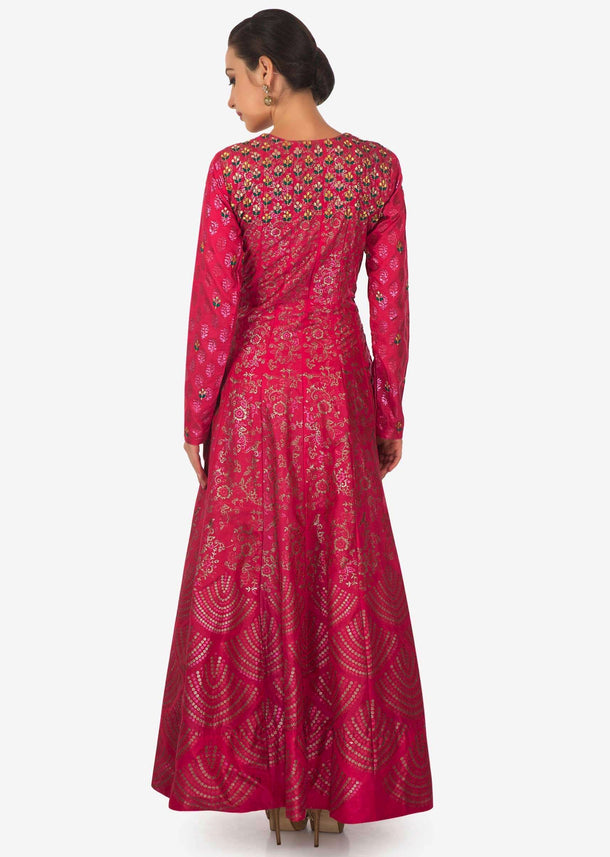 Rani pink brocade suit with foil print and embroidered yoke only on Kalki