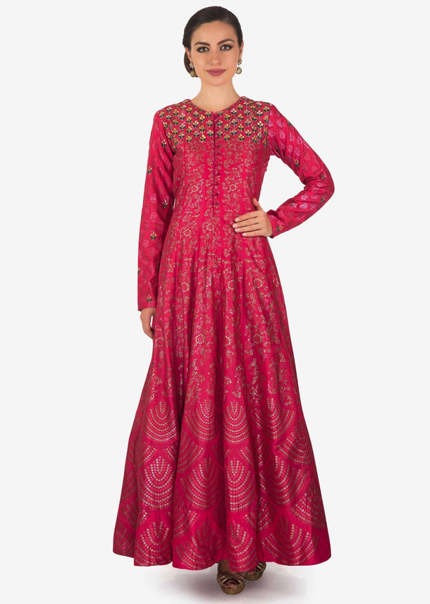 Rani pink brocade suit with foil print and embroidered yoke only on Kalki