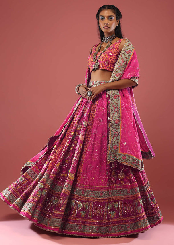 Magenta Pink Silk Lehenga With Printed Kalis In Bandhani, Bird Block Print And Moroccan Motifs