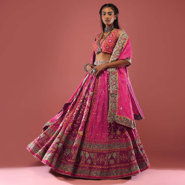 Magenta Pink Silk Lehenga With Printed Kalis In Bandhani, Bird Block Print And Moroccan Motifs