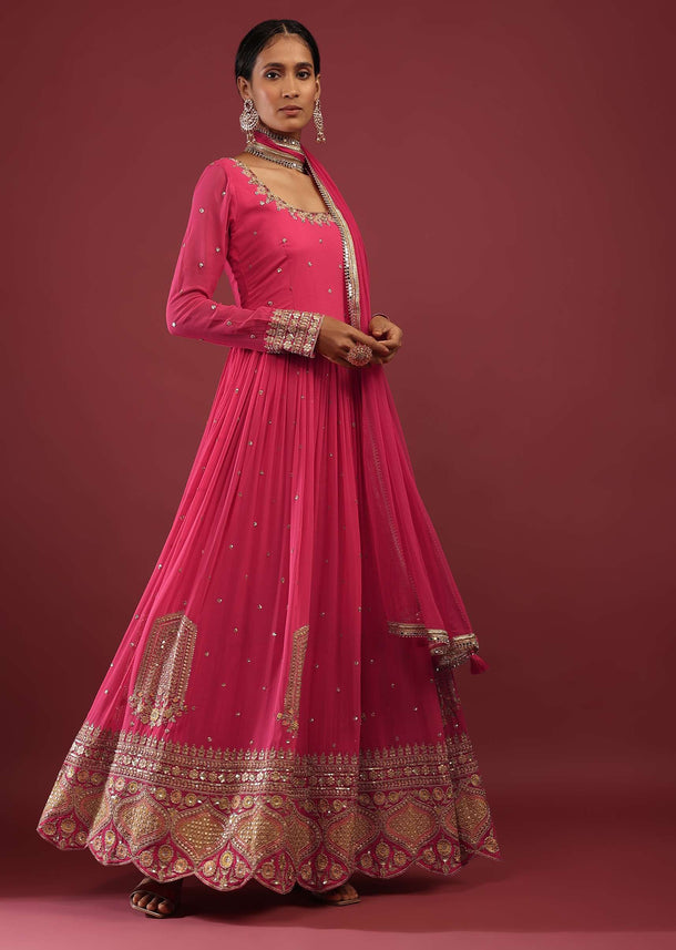 Rani Pink Anarkali Suit In Georgette With Multicolored Resham And Zari Embroidered Mughal Design