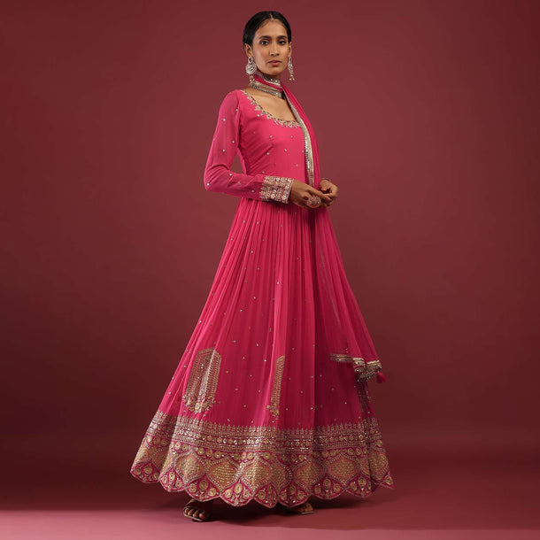 Rani Pink Anarkali Suit In Georgette With Multicolored Resham And Zari Embroidered Mughal Design