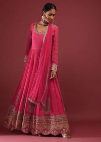 Rani Pink Anarkali Suit In Georgette With Multicolored Resham And Zari Embroidered Mughal Design