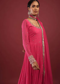 Rani Pink Anarkali Suit In Georgette With Multicolored Resham And Zari Embroidered Mughal Design
