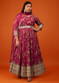 Azalea Pink Anarkali Suit In Georgette With Floral Print And Zari Work