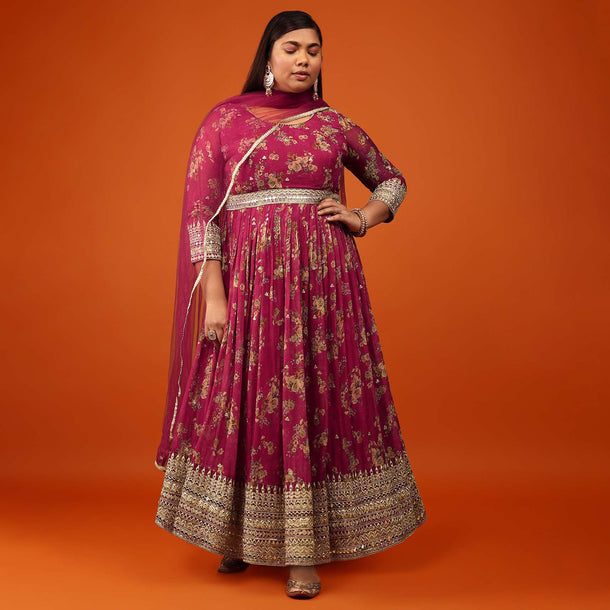 Azalea Pink Anarkali Suit In Georgette With Floral Print And Zari Work