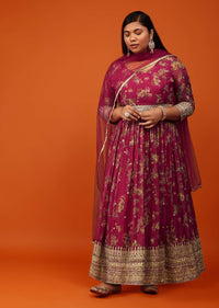 Azalea Pink Anarkali Suit In Georgette With Floral Print And Zari Work