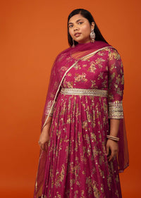 Azalea Pink Anarkali Suit In Georgette With Floral Print And Zari Work