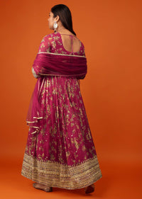 Azalea Pink Anarkali Suit In Georgette With Floral Print And Zari Work