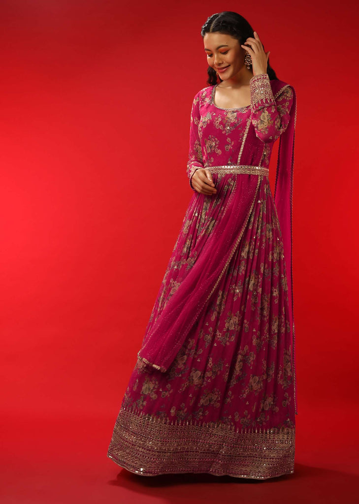 Azalea Pink Floral Printed Anarkali Suit In Georgette With Zari Work