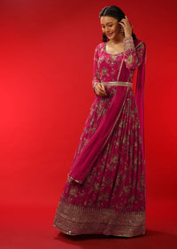 Azalea Pink Floral Printed Anarkali Suit In Georgette With Zari Work