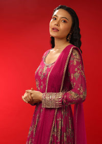 Azalea Pink Floral Printed Anarkali Suit In Georgette With Zari Work