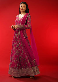 Azalea Pink Floral Printed Anarkali Suit In Georgette With Zari Work