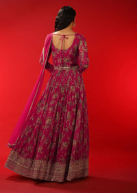 Azalea Pink Floral Printed Anarkali Suit In Georgette With Zari Work