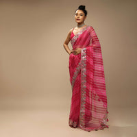 Rani Pink And Fuchsia Dual Toned Saree In Organza With Lehariya Print And Gotta Patti Embroidered Geometric Floral Border