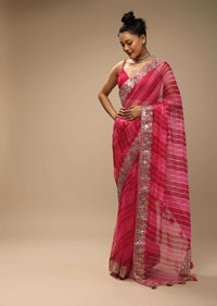 Rani Pink And Fuchsia Dual Toned Saree In Organza With Lehariya Print And Gotta Patti Embroidered Geometric Floral Border