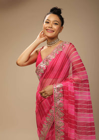 Rani Pink And Fuchsia Dual Toned Saree In Organza With Lehariya Print And Gotta Patti Embroidered Geometric Floral Border