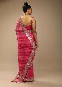 Rani Pink And Fuchsia Dual Toned Saree In Organza With Lehariya Print And Gotta Patti Embroidered Geometric Floral Border