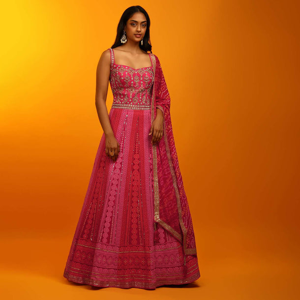 Rani Pink And Red Panel Anarkali Suit With Lucknowi Thread Embroidered Ethnic Kalis And Bandhani Dupatta