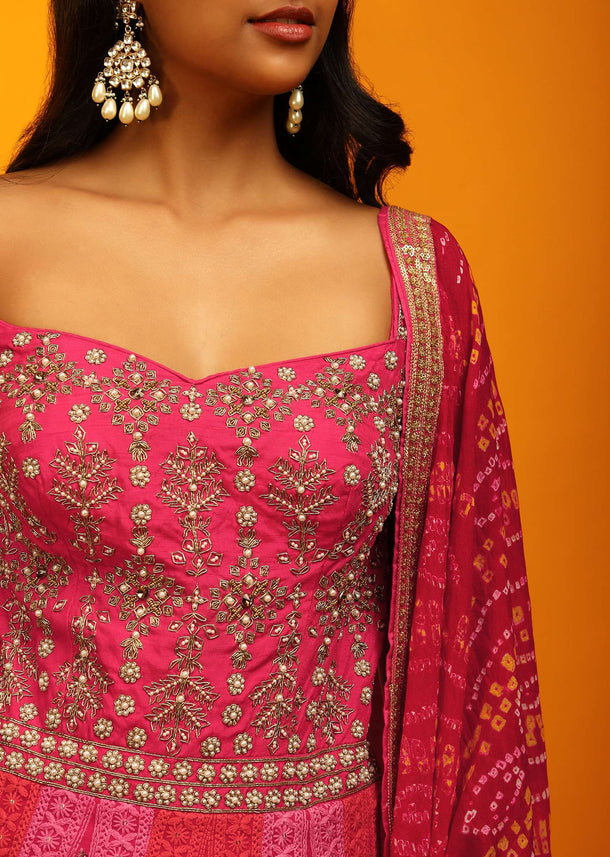 Rani Pink And Red Panel Anarkali Suit With Lucknowi Thread Embroidered Ethnic Kalis And Bandhani Dupatta