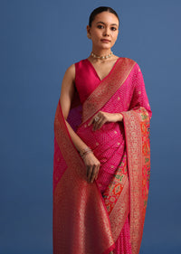 Rani Pink Banarasi Bandhani Satin Saree With Brocade Motifs On Border